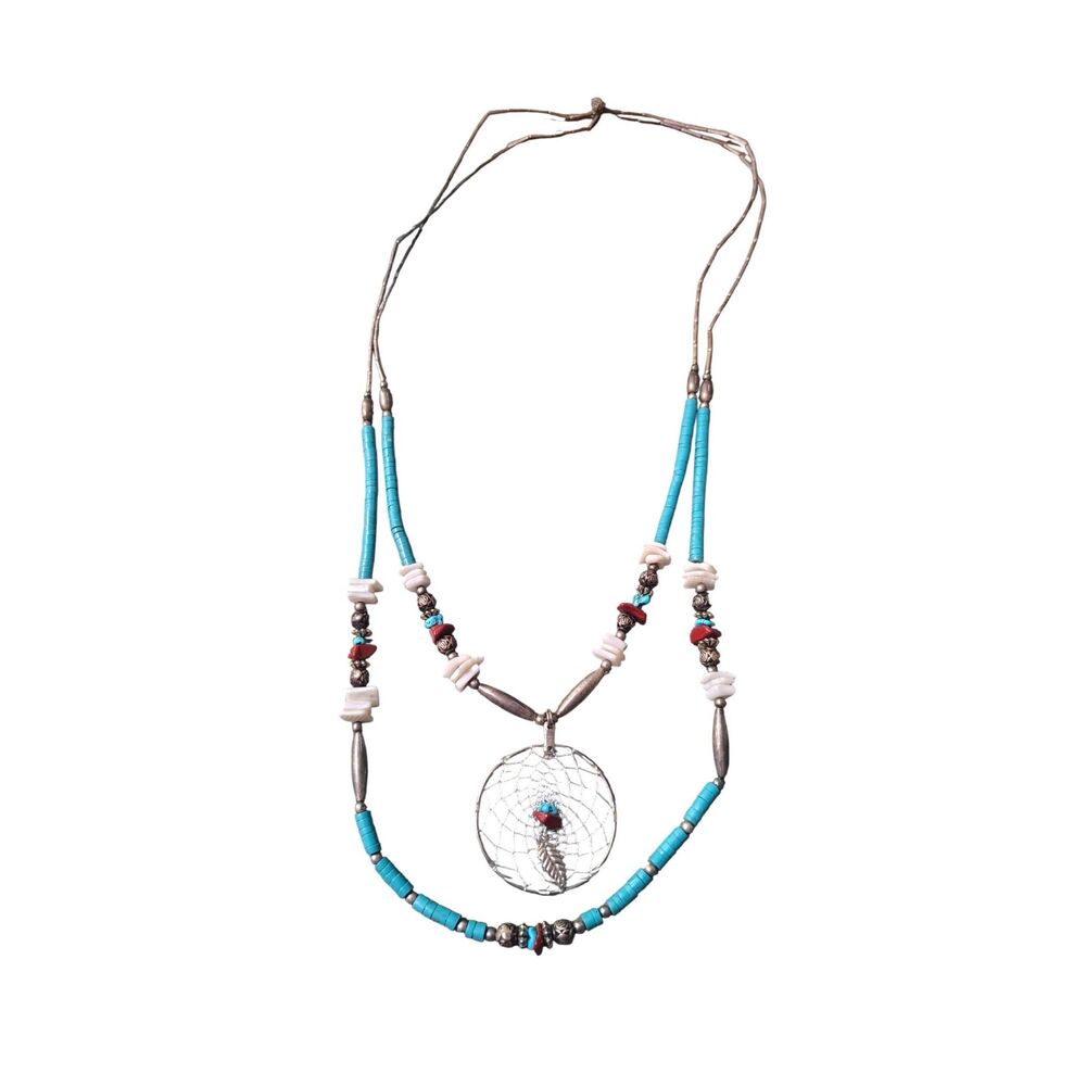 Vintage Sterling Silver Dreamcatcher Necklace Turquoise Coral Heshi Bead Southwe
